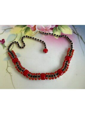 Vintage 50's Opaque Red And Black Square Rhinestone Chicklet Choker Necklace